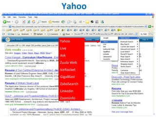 Yahoo Yahoo Live Ask Zuula Web IceRocket GigaBlast ZabaSearch Linkedin Zoominfo 