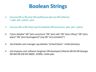 Boolean Strings (resume OR cv OR vitae OR profile) java j2ee (ca OR  california ) -jobs -job -submit –your (resume OR cv OR vitae) sap fico ( deloitte  OR  accenture ) -jobs -job –submit ("joins deloitte" OR "joins accenture" OR "joins eds" OR "joins infosys" OR "joins wipro" OR "joins bearingpoint") (vp OR “vice president”) site:linkedin.com manager sap deloitte "United States" -intitle:directory site:myspace.com software (engineer OR developer) (Atlanta OR GA OR Georgia OR 404 OR 678 OR 30002..31999) -intitle:jobs 