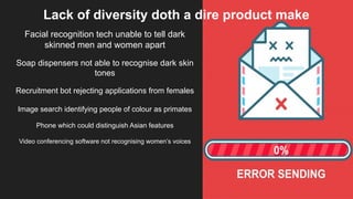 Facial recognition tech unable to tell dark
skinned men and women apart
Soap dispensers not able to recognise dark skin
tones
Recruitment bot rejecting applications from females
Image search identifying people of colour as primates
Phone which could distinguish Asian features
Video conferencing software not recognising women’s voices
Lack of diversity doth a dire product make
 