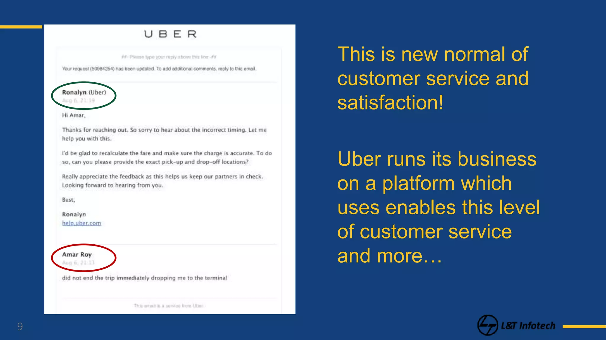 9
This is new normal of
customer service and
satisfaction!
Uber runs its business
on a platform which
uses enables this level
of customer service
and more…
 