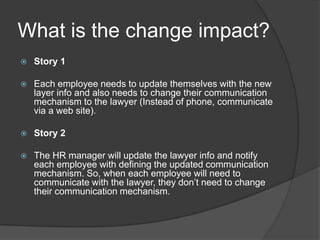 What is the change impact?Story 1Each employee needs to update themselves with the new layer info and also needs to change their communication mechanism to the lawyer (Instead of phone, communicate via a web site).Story 2The HR manager will update the lawyer info and notify each employee with defining the updated communication mechanism. So, when each employee will need to communicate with the lawyer, they don’t need to change their communication mechanism. 