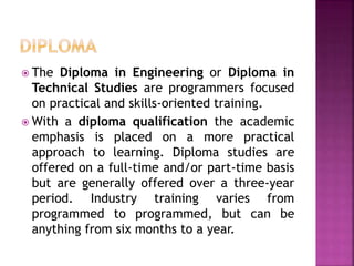  The Diploma in Engineering or Diploma in
Technical Studies are programmers focused
on practical and skills-oriented trai...