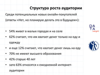 D
insight
AT
A
Структура роста аудитории
Среди потенциальных новых онлайн-покупателей
(ответы «Нет, но планирую делать это в будущем»):
• 54% живет в малых городах и на селе
• 62% считает, что им хватает денег только на еду и
одежду
• и еще 12% считают, что хватает денег лишь на еду
• 70% не имеют высшего образования
• 42% старше 40 лет
• зато 63% относятся к ежедневной интернет-
аудитории
 