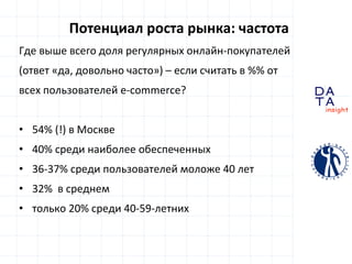 D
insight
AT
A
Потенциал роста рынка: частота
Где выше всего доля регулярных онлайн-покупателей
(ответ «да, довольно часто») – если считать в %% от
всех пользователей e-commerce?
• 54% (!) в Москве
• 40% среди наиболее обеспеченных
• 36-37% среди пользователей моложе 40 лет
• 32% в среднем
• только 20% среди 40-59-летних
 