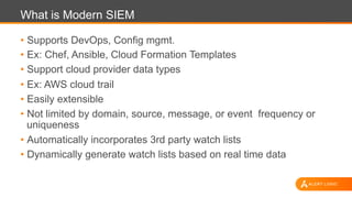 What is Modern SIEM
•  Supports DevOps, Config mgmt.
•  Ex: Chef, Ansible, Cloud Formation Templates
•  Support cloud provider data types
•  Ex: AWS cloud trail
•  Easily extensible
•  Not limited by domain, source, message, or event frequency or
uniqueness
•  Automatically incorporates 3rd party watch lists
•  Dynamically generate watch lists based on real time data
 