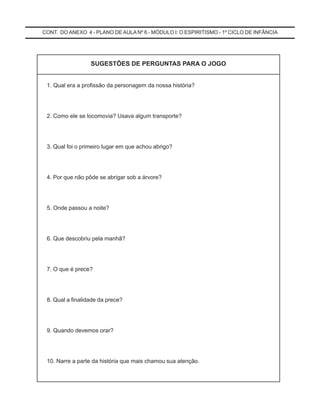 CONT. DO ANEXO 4 - PLANO DEAULA Nº 6 - MÓDULO I: O ESPIRITISMO - 1º CICLO DE INFÂNCIA
SUGESTÕES DE PERGUNTAS PARA O JOGO
1. Qual era a profissão da personagem da nossa história?
2. Como ele se locomovia? Usava algum transporte?
3. Qual foi o primeiro lugar em que achou abrigo?
4. Por que não pôde se abrigar sob a árvore?
5. Onde passou a noite?
6. Que descobriu pela manhã?
7. O que é prece?
8. Qual a finalidade da prece?
9. Quando devemos orar?
10. Narre a parte da história que mais chamou sua atenção.
 
