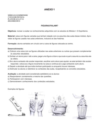 ANEXO 1
MÓDULOI:OESPIRITISMO
1ºCICLODEINFÂNCIA
PLANODEAULANº12
JOGODIDÁTICO
FIGURAS FALAM?
Objetivos: revisar e avaliar os conhecimentos adquiridos com os estudos do Módulo I: O Espiritismo.
Material: caixa com figuras variadas que tenham relação com os assuntos das aulas desse módulo. Apro-
veitar as figuras usadas nas aulas anteriores, inclusive as das histórias.
Formação: alunos sentados em círculo com a caixa de figuras colocada ao centro.
Desenvolvimento:
a) Colocar uma caixa com as figuras utilizadas nas aulas anteriores ou outras que possam complementar
os assuntos estudados.
b) Sortear um aluno para ir até a caixa, pegar uma figura e dizer a que aula e qual o assunto ou assuntos ela
se refere.
c) Se o aluno sorteado não souber responder, escolher outro aluno para ajudar, se este também não souber
responder, coloca-se a figura novamente na caixa e continua-se o jogo sorteando outro aluno.
d) Repetir a atividade até que todos tenham participado ou enquanto houver interesse.
e) Estimular os alunos a relembrar os conteúdos das aulas, recapitulando os conceitos estudados.
Avaliação: a atividade será considerada satisfatória se os alunos:
a) Responderem corretamente a maioria das questões.
b) Participarem com interesse.
c) Demonstrarem conhecimento dos conteúdos estudados.
Exemplos de figuras:
 
