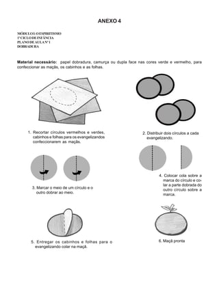 ANEXO 4
MÓDULOI:OESPIRITISMO
1ºCICLODEINFÂNCIA
PLANODEAULANº1
DOBRADURA
Material necessário: papel dobradura, camurça ou dupla face nas cores verde e vermelho, para
confeccionar as maçãs, os cabinhos e as folhas.
1. Recortar círculos vermelhos e verdes,
cabinhos e folhas para os evangelizandos
confeccionarem as maçãs.
2. Distribuir dois círculos a cada
evangelizando.
3. Marcar o meio de um círculo e o
outro dobrar ao meio.
4. Colocar cola sobre a
marca do círculo e co-
lar a parte dobrada do
outro círculo sobre a
marca.
5. Entregar os cabinhos e folhas para o
evangelizando colar na maçã.
6. Maçã pronta
 