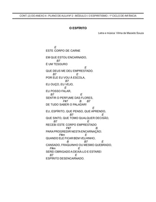 CONT. (2) DO ANEXO 4 - PLANO DEAULA Nº 2 - MÓDULO I: O ESPIRITISMO - 1º CICLO DE INFÂNCIA
O ESPÍRITO
Letra e música: Vilma de Macedo Souza
E
ESTE CORPO DE CARNE
EM QUE ESTOU ENCARNADO,
B7
É UM TESOURO
E
QUE DEUS ME DEU EMPRESTADO.
B7 E
POR ELE EU VOU À ESCOLA,
B7
EU OUÇO, EU VEJO,
E
EU POSSO FALAR,
B7 E
SENTIR O PERFUME DAS FLORES,
F#7 B B7
DE TUDO SABER O PALADAR!
E
EU, ESPÍRITO, QUE PENSO, QUE APRENDO,
B7 E
QUE SINTO, QUE TOMO QUALQUER DECISÃO,
B7 E
RECEBI ESTE CORPO EMPRESTADO
F#7 B
PARA PROGREDIR NESTA ENCARNAÇÃO;
F#m E
QUANDO ELE FICAR BEM VELHINHO,
B B7 E
CANSADO, FRAQUINHO OU MESMO QUEBRADO,
F#m E
SEREI OBRIGADO A DEIXÁ-LO E ESTAREI
B7 E
ESPÍRITO DESENCARNADO.
 
