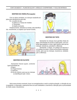 CONT. DO ANEXO 1 - PLANO DE AULANº 3 - MÓDULO I: O ESPIRITISMO - 1º CICLO DE INFÂNCIA
SENTIDO DO TATO
Apresentar às crianças duas garrafas cheias de
água, embrulhadas em jornal ou papel pardo, uma con-
tendo água gelada e a outra, água quente, para que as
crianças, tocando-as, percebam a diferença.
Apresentar, a seguir, um pedaço de espuma e
um pedaço de isopor, ambos embrulhados separada-
mente, para que as crianças, tocando-os, estabele-
çam a diferença.
SENTIDO DO OLFATO
Apresentar frascos iguais, contendo
igual quantidade de:
a) água;
b) vinagre branco;
c) perfume;
d) chá de cidreira; para que as crianças
os identifiquem pelo cheiro.
SENTIDO DA VISÃO (Percepção)
Com os olhos vendados, as crianças receberão ob-
jetos para identificá-los pelo tato.
Ex.: a) palha de aço;
b) geleca ou massa de modelar;
c) sementes;
d) retalho de tecido.
Posteriormente, retiradas as vendas, elas identifica-
rão, visivelmente, os objetos que haviam tocado.
* * *
Após esse primeiro momento, levar os evangelizandos a sentir a própria pulsação, a vibração da voz
na garganta, a respiração, explicando-lhes as suas finalidades e chamando a atenção para a preciosidade
de todos esses mecanismos.
 