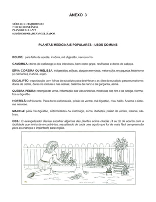 ANEXO 3
MÓDULOI:OESPIRITISMO
1ºCICLODEINFÂNCIA
PLANODEAULANº3
SUBSÍDIOSPARAOEVANGELIZADOR
PLANTAS MEDICINAIS POPULARES - USOS COMUNS
BOLDO: para falta de apetite, insônia, má digestão, nervosismo.
CAMOMILA: dores do estômago e dos intestinos, bem como gripe, resfriados e dores de cabeça.
ERVA CIDREIRA OU MELISSA: indigestões, cólicas, ataques nervosos, melancolia, enxaqueca, histerismo
(é calmante), insônia, enjôo.
EUCALIPTO: vaporização com folhas de eucalipto para desinfetar o ar; óleo de eucalipto para reumatismo;
dores de dente, dores na cintura e nas costas; catarros do nariz e da garganta, asma.
QUEBRA-PEDRA: retenção da urina, inflamação das vias urinárias, moléstias dos rins e da bexiga. Norma-
liza a digestão.
HORTELÃ: refrescante. Para dores estomacais, prisão de ventre, má digestão, mau hálito. Acalma o siste-
ma nervoso.
MACELA: para má digestão, enfermidades do estômago, asma, diabetes, prisão de ventre, insônia, cãi-
bras.
OBS.: O evangelizador deverá escolher algumas das plantas acima citadas (4 ou 5) de acordo com a
facilidade que tenha de encontrá-las, ressaltando de cada uma aquilo que for de mais fácil compreensão
para as crianças e importante para região.
 