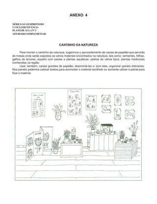 ANEXO 4
MÓDULOI:OESPIRITISMO
1ºCICLODEINFÂNCIA
PLANODEAULANº3
ATIVIDADECOMPLEMENTAR
CANTINHO DA NATUREZA
Para montar o cantinho da natureza, sugerimos o aproveitamento de caixas de papelão que servirão
de mesas onde serão expostos os vários materiais encontrados na natureza, tais como: sementes, folhas,
galhos de árvores, aquário com peixes e plantas aquáticas, pedras de vários tipos, plantas medicinais
conhecidas na região.
Usar, também, caixas grandes de papelão, desmontá-las e, com elas, organizar painéis dobráveis.
Nos painéis podemos colocar bolsos para acomodar o material recolhido ou somente utilizar o painel para
fixar o material.
 