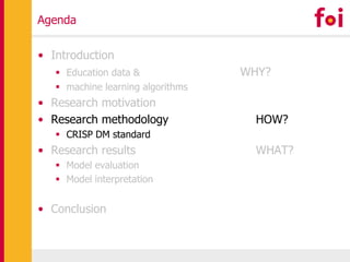 Agenda
• Introduction
 Education data & WHY?
 machine learning algorithms
• Research motivation
• Research methodology H...