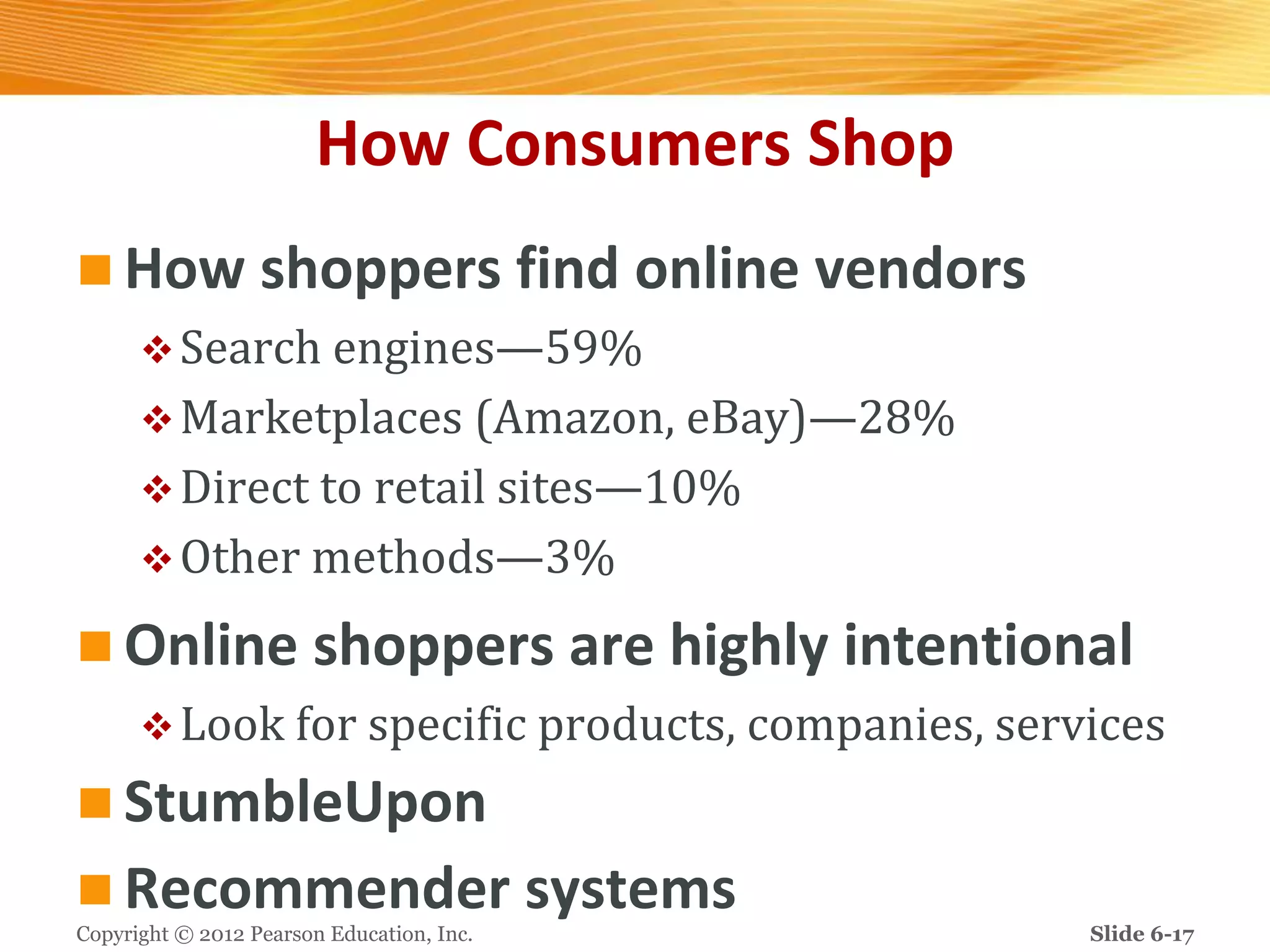 How Consumers Shop
 How shoppers find online vendors
Search engines—59%
Marketplaces (Amazon, eBay)—28%
Direct to retail sites—10%
Other methods—3%
 Online shoppers are highly intentional
Look for specific products, companies, services
 StumbleUpon
 Recommender systems
Copyright © 2012 Pearson Education, Inc. Slide 6-17
 