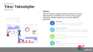 Yıkıcı Teknolojiler
Büyük Veri
Dijital Liderlik
Tanım:
İnternet tabanlı uygulamalardan toplanan tüm veriyi
ifade etmek için kullanılır. Bu verinin amaca uygun
olacak bir şekilde toplanması ve analiz edilmesi
gereklidir.
Bileşenler
Veri tabanı teknolojileri, veri yönetim yazılımları,
altyapıyı sanallaştırma ve yönetme yazılımları…
Kullanım Alanları
Sağlıktan meterolojiye, pazarlamadan üretime lojistikten
eğitime kadar her alanda kullanılan bir yatay teknolojidir.
Gerekli Yetkinlikler
Veri alt yapıları, analitik yetkinlikler, matematik, istatistik yetenekleri,
sektörel iş deneyimi…
Riskler
Veri hırsızlığı, siber saldırılar, veri kalitesizliği, sistem
kesintileri, kurum kültürü…
 