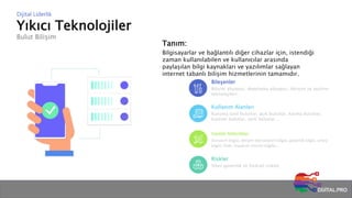 Yıkıcı Teknolojiler
Bulut Bilişim
Dijital Liderlik
Tanım:
Bilgisayarlar ve bağlantılı diğer cihazlar için, istendiği
zaman kullanılabilen ve kullanıcılar arasında
paylaşılan bilgi kaynakları ve yazılımlar sağlayan
internet tabanlı bilişim hizmetlerinin tamamıdır.
Bileşenler
Bilişim altyapısı, depolama altyapısı, iletişim ve yazılım
teknolojileri…
Kullanım Alanları
Kuruma özel bulutlar, açık bulutlar, karma bulutlar,
küresel bulutlar, yerli bulutlar…
Gerekli Yetkinlikler
Donanım bilgisi, iletişim teknolojileri bilgisi, güvenlik bilgisi, enerji
bilgisi, fiziki, inşaat ve mimari bilgiler…
Riskler
Siber güvenlik ve fiziksel riskler…
 