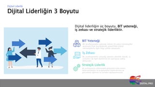 Dijital Liderliğin 3 Boyutu
Dijital Liderlik
Dijital liderliğin üç boyutu, BIT yeteneği,
iş zekası ve stratejik liderliktir.
BIT Yeteneği
Bir profesyonelin çalıştığı sektör ile yıkıcı teknolojiler
arasında ilişki kurabilecek yeterlilikte dijital
teknolojilerle ilgili bilgi sahibi olmasıdır.
İş Zekası
Bir profesyonelin çalıştığı sektöre yönelik olarak, iş
süreçleri ile ilgili bütüncül bir kavrayışa sahip
olmasıdır.
Stratejik Liderlik
Bir profesyonelin sektöründeki gelişmeleri takip etmesi,
dijital teknolojiler ile bu gelişmeleri ilişkilendirmesi ve
gelecekteki eğilimleri ve trendleri algılayabilmesidir.
 