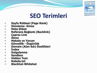 SEO Terimleri
•   Sayfa Rütbesi (Page Rank)
•   Dizinleme -Dmoz
•   Meta Etiket
•   Referans Bağlantı (Backlink)
•   Çapraz Link
•   Alexa
•   Makale ve Yorum
•   Güncellik - Özgünlük
•   Domain (Alan Adı) Özellikleri
•   İndex
•   Dalgalanma
•   Sandbox
•   Hidden Text
•   Robots.txt
•   Blackhat-Whitehat
 