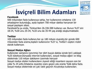 İsviçreli Bilim Adamları
Facebook
500 milyondan fazla kullanıcıya sahip, her kullanıcının ortalama 130
arkadaşının bulunduğu, ayda toplam 700 milyar dakika harcanan bir
sosyal paylaşım sitesi.
Facebook‟ta şu anda, Türkiye‟den 26.336.580 kullanıcı var. Bunun %37 sini
18-24, %30 unu 25-34, %10 unu da 35-44 yaş aralığı oluşturmaktadır.

Twitter
105 milyondan fazla kullanıcı,her ay 180 milyon ziyaretçi,bir günde 600
milyondan fazla arama,toplam kullanıcının %37 si, Twitter‟ı cepten mobil
olarak kullanıyor.

Sosyal Medya Ağları
Kullanıcılar zamanını (çevrimiçi her dört buçuk dakika içinde biri) yaklaşık
%25 tüketiyor.Dünyada internet kullanıcıları, sosyal medya ağları ve blog
sitelerinde 110 milyar dakikanın üzerinde harcıyor
Sosyal medya siteleri kullanıcıların ziyaret ettiği insanların sayısını son bir
yılda % 24 arttı.Ortalama ziyaretçi oranı geçen yıla oranla %66 daha fazla.
Sosyal medya sitelerinde en çok vakit geçiren Avustralya kullanıcıları.
 