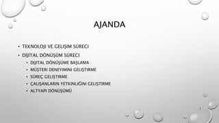 AJANDA
• TEKNOLOJI VE GELIŞIM SÜRECI
• DİJİTAL DÖNÜŞÜM SÜRECI
• DIJITAL DÖNÜŞÜME BAŞLAMA
• MÜŞTERI DENEYIMINI GELIŞTIRME
• SÜREÇ GELIŞTIRME
• ÇALIŞANLARIN YETKINLIĞINI GELIŞTIRME
• ALTYAPI DÖNÜŞÜMÜ
2
 