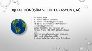 DIJITAL DÖNÜŞÜM VE ENTEGRASYON ÇAĞI
• 7.4 milyar insan
• 3.1 milyar internet kullanıcısı
• 2.3 milyar sosyal medya kullanıcısı
• 18-39 yaş arası insanların %90 oranında
sosyal medya kullanımı
• Günde 2 saat kişi başı harcanan süre
• Her gün 7 tane 180 mt’lik gökdelen kadar
veri.
• Tarih boyunca oluşturulan veri miktarının
%90’ı son 2 yılda oluşturuldu.
• Üretimde kullanılan robot sayısı 2.3 milyon
6
 