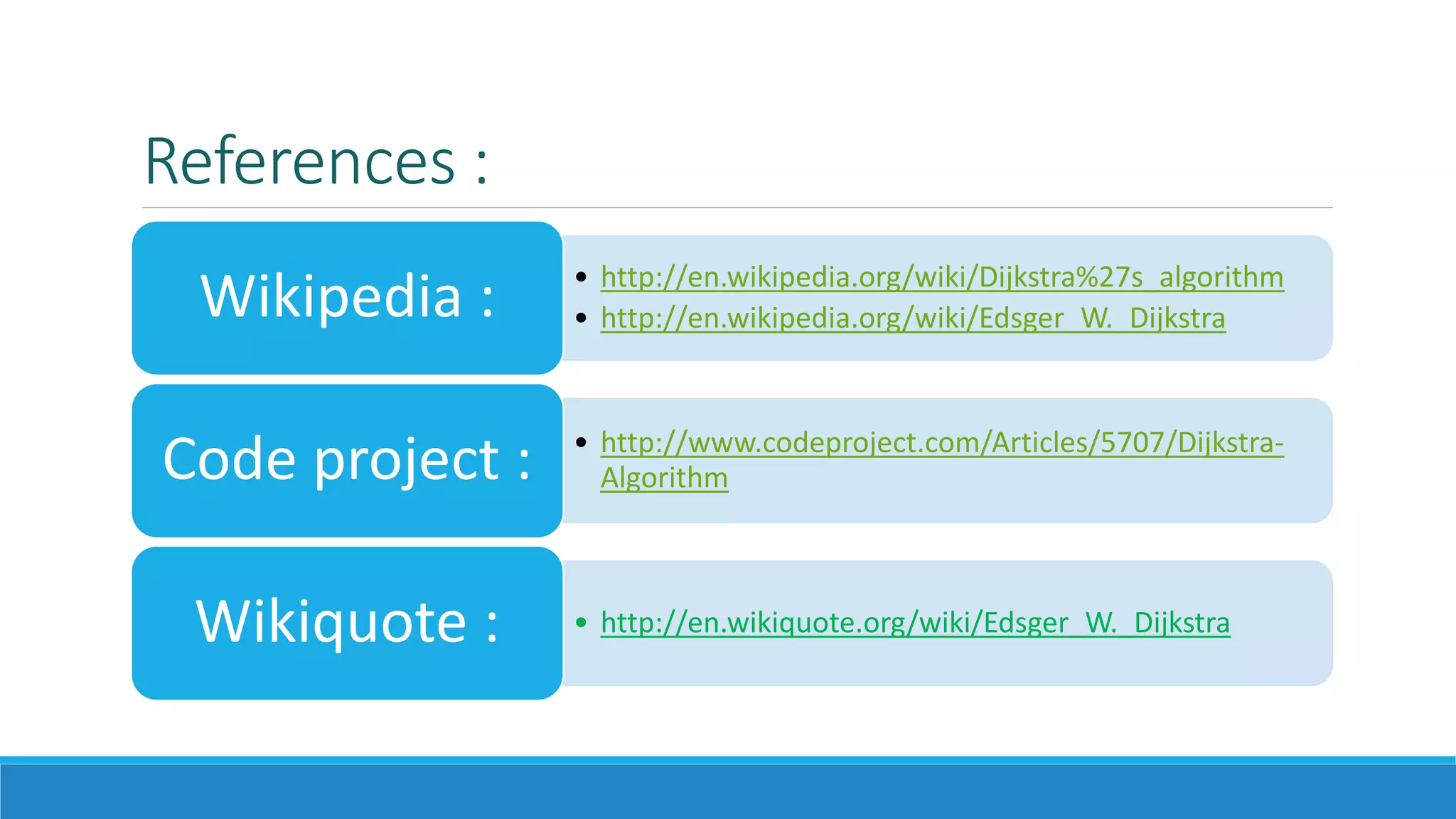 References :
• http://en.wikipedia.org/wiki/Dijkstra%27s_algorithm
• http://en.wikipedia.org/wiki/Edsger_W._DijkstraWikipedia :
• http://www.codeproject.com/Articles/5707/Dijkstra-
AlgorithmCode project :
• http://en.wikiquote.org/wiki/Edsger_W._DijkstraWikiquote :
 
