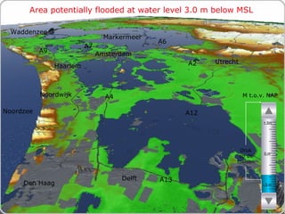 Area potentially flooded at water level 3.0 m below MSL M t.o.v. NAP Druk op de toetsen Den Haag Noordzee Markermeer A12 A4 A2 Haarlem A6 Amsterdam Utrecht A13 A9 A7 Waddenzee Noordwijk Delft - 5 m 0 m + 5m 
