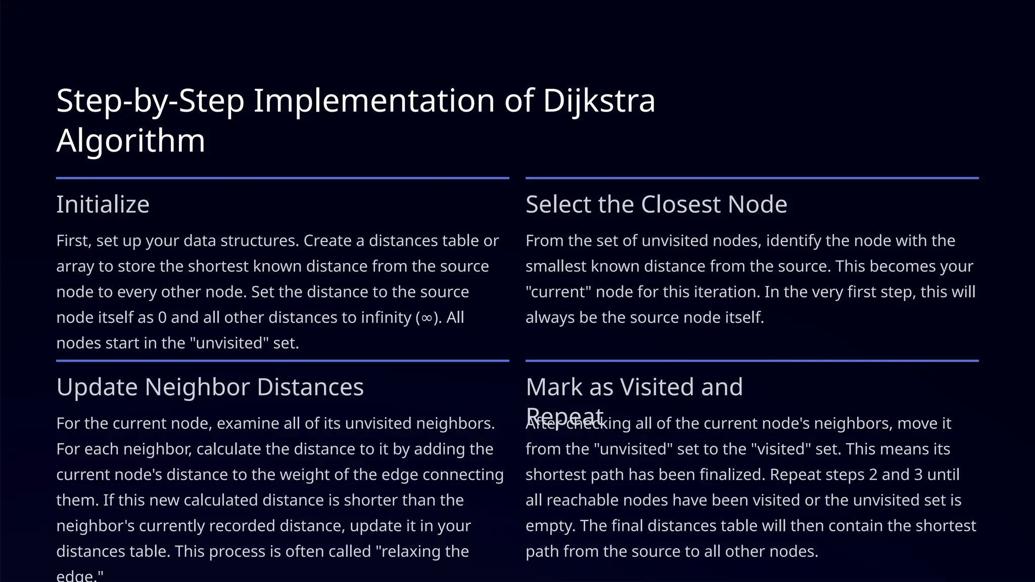 Step-by-Step Implementation of Dijkstra
Algorithm
Initialize
First, set up your data structures. Create a distances table or
array to store the shortest known distance from the source
node to every other node. Set the distance to the source
node itself as 0 and all other distances to infinity ( ). All
∞
nodes start in the "unvisited" set.
Select the Closest Node
From the set of unvisited nodes, identify the node with the
smallest known distance from the source. This becomes your
"current" node for this iteration. In the very first step, this will
always be the source node itself.
Update Neighbor Distances
For the current node, examine all of its unvisited neighbors.
For each neighbor, calculate the distance to it by adding the
current node's distance to the weight of the edge connecting
them. If this new calculated distance is shorter than the
neighbor's currently recorded distance, update it in your
distances table. This process is often called "relaxing the
Mark as Visited and
Repeat
After checking all of the current node's neighbors, move it
from the "unvisited" set to the "visited" set. This means its
shortest path has been finalized. Repeat steps 2 and 3 until
all reachable nodes have been visited or the unvisited set is
empty. The final distances table will then contain the shortest
path from the source to all other nodes.
 