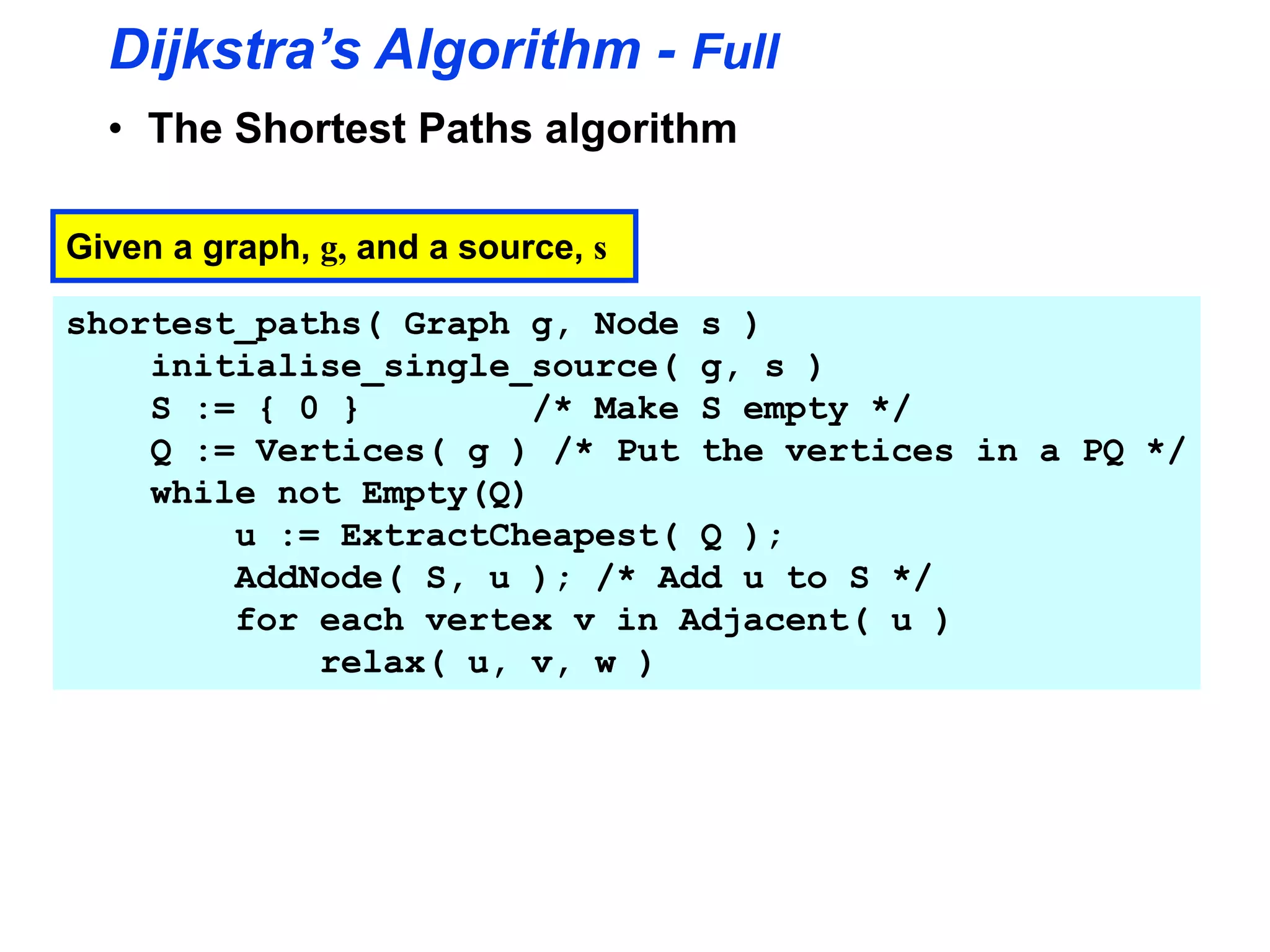 Dijkstra’s Algorithm - Full
• The Shortest Paths algorithm
Given a graph, g, and a source, s
shortest_paths( Graph g, Node s )
initialise_single_source( g, s )
S := { 0 } /* Make S empty */
Q := Vertices( g ) /* Put the vertices in a PQ */
while not Empty(Q)
u := ExtractCheapest( Q );
AddNode( S, u ); /* Add u to S */
for each vertex v in Adjacent( u )
relax( u, v, w )
 