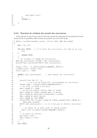 19 parc=parc−>suiv ;
20 }
21 return 1;
22
23 }
24 }
3.3.2 Fonction de création des nœuds des successeurs
Celte fonction à pour but de créer la liste des nœuds ﬁls contenant les successeurs du nœud
racine envoyé en paramètre. Elle retourne un pointeur vers cette liste de ﬁls.
1 l_Arbre∗ creerSucc ( noeud∗ racine , l i s t e ∗∗ deb , int nbr_noeud )
2 {
3 int i =0, j =0;
4
5 i f (∗ deb==NULL) // s i la l i s t e des successeurs est vide on ne cree
rien
6 {
7 return NULL;
8 }
9 // on recupere l e nombre de successeurs
10 int nbr_successeurs =((∗deb )−>nbr_successeurs ) ;
11 p r i n t f ( " nbr_successeurs=%dn" , nbr_successeurs ) ;
12
13 racine −>f i l s = ( l_Arbre ∗) malloc ( sizeof ( l_Arbre ) ) ;
14 l_Arbre∗ parc= racine −>f i l s ;
15 l i s t e ∗ parc_l = ∗deb ;
16
17 while ( i<nbr_successeurs ) // pour chacun des successeurs
18 {
19
20 p r i n t f ( " f i l s %d n" , i ) ;
21 // on cree un noeud f i l s correspondant au successeur
22 noeud∗ temp = ( noeud ∗) malloc ( sizeof ( noeud ) ) ;
23 // on r e l i e ce noeud a son pere
24 parc−>noeud_A = temp ;
25 // on met l e s bonnes valeurs dans ce noeud
26 parc−>noeud_A−>valeur_sommet=parc_l−>noeud ;
27 parc−>noeud_A−>poid_prec_noeurd=parc_l−>poid ;
28 parc−>noeud_A−>pere=racine ;
29 parc−>noeud_A−>f i l s=NULL;
30 p r i n t f ( "%d , %d n" , parc−>noeud_A−>valeur_sommet , parc−>noeud_A−>
poid_prec_noeurd ) ;
31 i f ( i != nbr_successeurs ) // s i ce n ’ est pas l e dernier successeur
32 {
33 // on a l l o u e de la place pour l e noeud suivant
34 parc−>suiv=(l_Arbre ∗) malloc ( sizeof ( l_Arbre ) ) ;
35 }
36 // on passe au suivant
37 parc=parc−>suiv ;
38 parc_l=parc_l−>suiv ;
39 i ++;
40 }
41 parc=NULL;
20
 