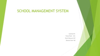 SCHOOL MANAGEMENT SYSTEM
Submited BY:
Faisal Patel 254
Parth Bharuch 257
Dhavan Shah 160
 