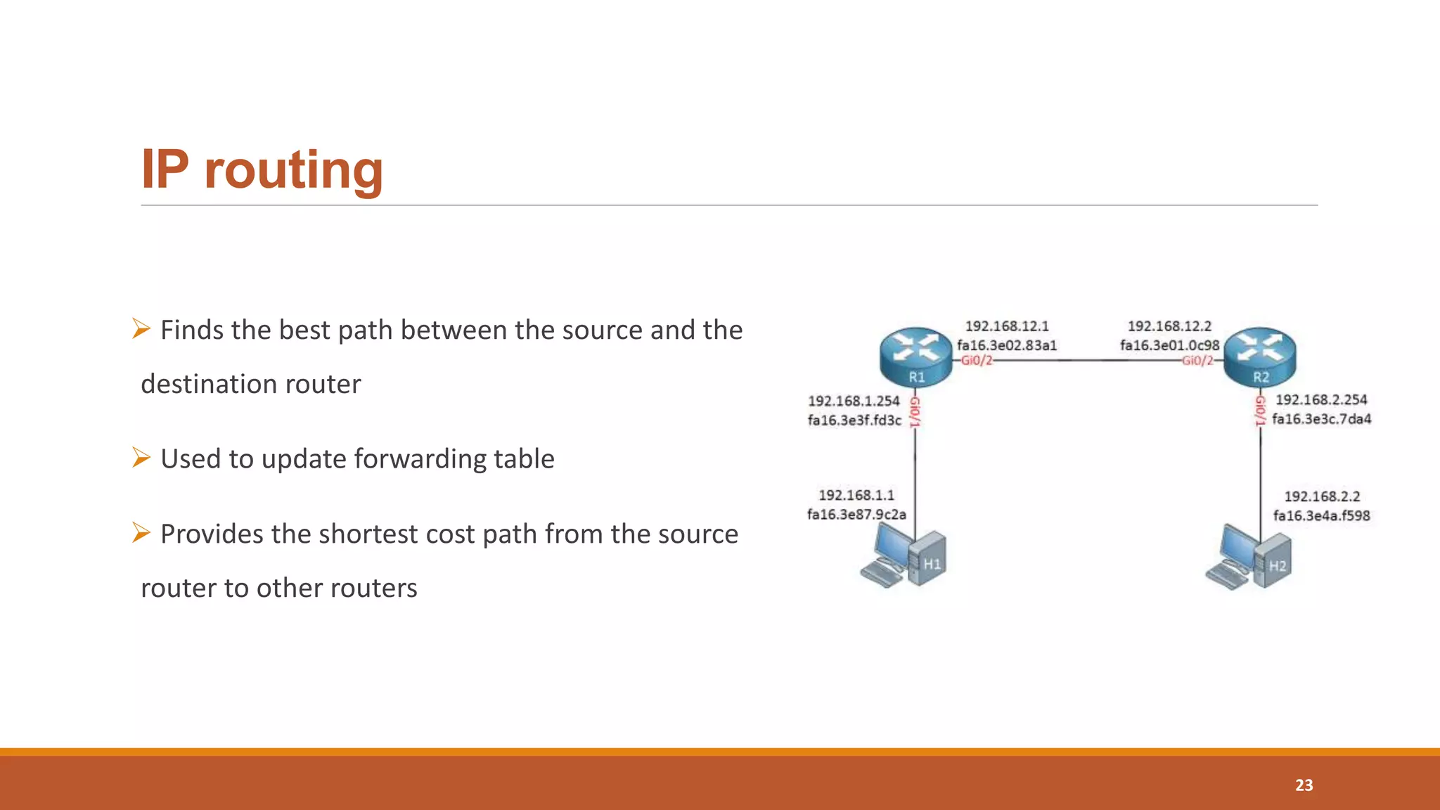 IP routing
 Finds the best path between the source and the
destination router
 Used to update forwarding table
 Provides the shortest cost path from the source
router to other routers
23
 