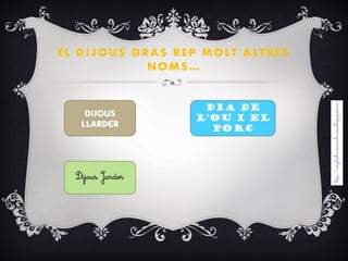 EL DIJOUS GRAS REP MOLT ALTRES
NOMS…
Dijous Jarder
Dia de
l’ou i el
porc
 