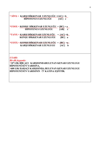 6



* SİNX = KARŞI DİKKENAR UZUNLUĞU =[AC] = b
           HİPOTENUS UZUNLUĞU      [AC] c


*COSX = KOMŞU DİKKENAR UZUNLUĞU = [BC] = a
           HİPOTENUS UZUNLUĞU     [AB] c

*TANX = KARŞI DİKKENAR UZUNLUĞU = [AC] =b
       KONŞU DİKKENAR UZUNLUĞU    [BC] a

*COTX = KOMŞUDİKKENAR UZUNLUĞU = [BC] =a
        KARŞI DİKKENAR UZUNLUGU  [AC] b




UYARI:
Bir dik üçgende:
*300 LİK BİR AÇI KARŞISINDABULUNAN KENAR UZUNLUGU
HİPOTENÜSÜN YARISINA,
*600 LIK DARAÇI KARŞISINDA BULUNAN KENAR UZUNLUGU
HİPOTENÜSÜN YARISININ 3 KATINA EŞİTTİR.
 