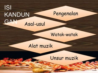 Pengenalan
Asal-usul
Watak-watak
ISI
KANDUN
GAN
Unsur muzik
Alat muzik
 
