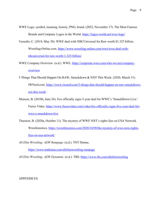 Page 9
WWE Logo, symbol, meaning, history, PNG, brand. (2022, November 17). The Most Famous
Brands and Company Logos in the World. https://logos-world.net/wwe-logo/
Vassallo, C. (2018, May 30). WWE deal with NBCUniversal for Raw worth $1.325 billion.
Wrestling-Online.com. https://www.wrestling-online.com/wwe/wwe-deal-with-
nbcuniversal-for-raw-worth-1-325-billion/
WWE Company Overview. (n.d.). WWE. https://corporate.wwe.com/who-we-are/company-
overview
5 Things That Should Happen On RAW, Smackdown & NXT This Week. (2020, March 31).
IWNerd.com. https://www.iwnerd.com/5-things-that-should-happen-on-raw-smackdown-
nxt-this-week/
Munson, B. (2018b, June 26). Fox officially signs 5-year deal for WWE’s ‘SmackDown Live.’
Fierce Video. https://www.fiercevideo.com/video/fox-officially-signs-five-year-deal-for-
wwe-s-smackdown-live
Thurston, B. (2020a, October 11). The mystery of WWE NXT’s rights fees on USA Network.
Wrestlenomics. https://wrestlenomics.com/2020/10/09/the-mystery-of-wwe-nxts-rights-
fees-on-usa-network/
All Elite Wrestling: AEW Rampage. (n.d.). TNT Drama.
https://www.tntdrama.com/allelitewrestling-rampage
All Elite Wrestling: AEW Dynamite. (n.d.). TBS. https://www.tbs.com/allelitewrestling
APPENDICES
 