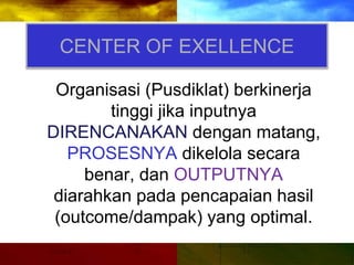 CENTER OF EXELLENCE
Organisasi (Pusdiklat) berkinerja
tinggi jika inputnya
DIRENCANAKAN dengan matang,
PROSESNYA dikelola secara
benar, dan OUTPUTNYA
diarahkan pada pencapaian hasil
(outcome/dampak) yang optimal.
 