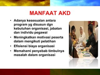 MANFAAT AKD
• Adanya kesesuaian antara
program yg disusun dgn
kebutuhan organisasi, jabatan
dan individu pegawai
• Meningkatkan motivasi peserta
dalam mengikuti pelatihan
• Efisiensi biaya organisasi
• Memahami penyebab timbulnya
masalah dalam organisasi
 