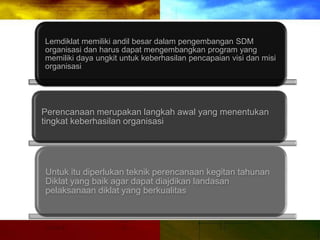 Lemdiklat memiliki andil besar dalam pengembangan SDM
organisasi dan harus dapat mengembangkan program yang
memiliki daya ungkit untuk keberhasilan pencapaian visi dan misi
organisasi
Perencanaan merupakan langkah awal yang menentukan
tingkat keberhasilan organisasi
Untuk itu diperlukan teknik perencanaan kegitan tahunan
Diklat yang baik agar dapat diajdikan landasan
pelaksanaan diklat yang berkualitas
 
