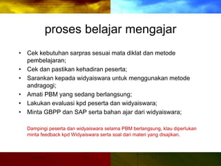 proses belajar mengajar
• Cek kebutuhan sarpras sesuai mata diklat dan metode
pembelajaran;
• Cek dan pastikan kehadiran peserta;
• Sarankan kepada widyaiswara untuk menggunakan metode
andragogi;
• Amati PBM yang sedang berlangsung;
• Lakukan evaluasi kpd peserta dan widyaiswara;
• Minta GBPP dan SAP serta bahan ajar dari widyaiswara;
Dampingi peserta dan widyaiswara selama PBM berlangsung, klau diperlukan
minta feedback kpd Widyaiswara serta soal dari materi yang disajikan.
 