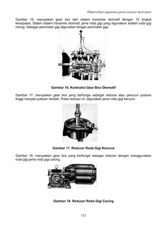 Diktat-elmes-agustinus purna irawan-tm.ft.untar
123
Gambar 16. merupakan gear box dari sistem transmisi otomotif dengan 12 tingkat
kecepatan. Dalam sistem transmisi otomotif, jenis roda gigi yang digunakan adalah roda gigi
miring. Sebagai pemindah gigi digunakan lengan pemindah gigi.
Gambar 16. Kontruksi Gear Box Otomotif
Gambar 17. merupakan gear box yang berfungsi sebagai reducer atau penurun putaran
tinggi menjadi putaran rendah. Pada reducer ini, digunakan jenis roda gigi kerucut.
Gambar 17. Reducer Roda Gigi Kerucut
Gambar 18. merupakan gear box yang berfungsi sebagai reducer dengan menggunakan
roda gigi jenis roda gigi cacing.
Gambar 18. Reducer Roda Gigi Cacing
 