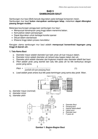 Diktat-elmes-agustinus purna irawan-tm.ft.untar
33
BAB 5
SAMBUNGAN BAUT
Sambungan mur baut (Bolt) banyak digunakan pada berbagai komponen mesin.
Sambungan mur baut bukan merupakan sambungan tetap, melainkan dapat dibongkar
pasang dengan mudah.
Beberapa keuntungan penggunaan sambungan mur baut :
• Mempunyai kemampuan yang tinggi dalam menerima beban.
• Kemudahan dalam pemasangan
• Dapat digunakan untuk berbagai kondisi operasi
• Dibuat dalam standarisasi
• Efisiensi tinggi dalam proses manufaktur
Kerugian utama sambungan mur baut adalah mempunyai konsentrasi tegangan yang
tinggi di daerah ulir.
1. Tata Nama Baut
a. Diameter mayor adalah diameter luar baik untuk ulir luar maupun dalam.
b. Diameter minor adalah diameter ulir terkecil atau bagian dalam dari ulir.
c. Diameter pitch adalah diameter dari lingkaran imajiner atau diameter efektif dari baut
d. Pitch adalah jarak yang diambil dari satu titik pada ulir ke titik berikutnya dengan
posisi yang sama.
Pitch =
bautpanjangperulirjumlah
1
(1)
e. Lead adalah jarak antara dua titik pada kemiringan yang sama atau jarak lilitan.
do : diameter mayor (nominal)
di : diameter minor
dp : diameter pitch
Gambar 1. Bagian-Bagian Baut
a. Diameter Baut
b. Panjang baut
c. Daerah dekat efektif
d. Lebar kunci
e. Diameter baut
f. F jarak ulir
 
