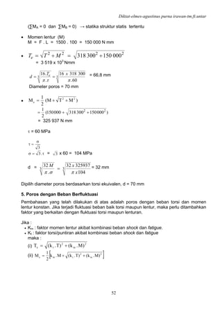 Diktat-elmes-agustinus purna irawan-tm.ft.untar
52
(∑MA = 0 dan ∑MB = 0) → statika struktur statis tertentu
• Momen lentur (M)
M = F . L = 1500 . 100 = 150 000 N mm
•
2222
000150300318 +=+= MTTe
= 3 519 x 103
Nmm
33
60.
30031816
.
.16
πτπ
xT
d e == = 66,8 mm
Diameter poros = 70 mm
• )MTM(
2
1
M 22
e ++=
)000150300318000150(
2
1 22
++=
= 325 937 N mm
τ = 60 MPa
3
σ
=τ
τ=σ .3 = 3 x 60 = 104 MPa
d = 33
104
32593732
.
32
x
xM
πσπ
= = 32 mm
Dipilih diameter poros berdasarkan torsi ekuivalen, d = 70 mm
5. Poros dengan Beban Berfluktuasi
Pembahasan yang telah dilakukan di atas adalah poros dengan beban torsi dan momen
lentur konstan. Jika terjadi fluktuasi beban baik torsi maupun lentur, maka perlu ditambahkan
faktor yang berkaitan dengan fluktuasi torsi maupun lenturan.
Jika :
• Km : faktor momen lentur akibat kombinasi beban shock dan fatigue.
• Kt : faktor torsi/puntiran akibat kombinasi beban shock dan fatigue
maka :
(i)
2
m
2
te )M.k()T.k(T +=
(ii) [ ]2
m
2
tme )M.k()T.k(M.k
2
1
M ++=
 