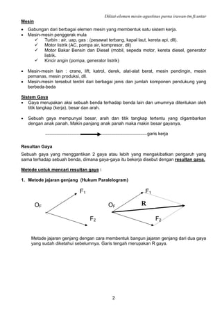 Diktat-elemen mesin-agustinus purna irawan-tm.ft.untar
2
Mesin
• Gabungan dari berbagai elemen mesin yang membentuk satu sistem kerja.
• Mesin-mesin penggerak mula
Turbin : air, uap, gas : (pesawat terbang, kapal laut, kereta api, dll).
Motor listrik (AC, pompa air, kompresor, dll)
Motor Bakar Bensin dan Diesel (mobil, sepeda motor, kereta diesel, generator
listrik.
Kincir angin (pompa, generator listrik)
• Mesin-mesin lain : crane, lift, katrol, derek, alat-alat berat, mesin pendingin, mesin
pemanas, mesin produksi, dll.
• Mesin-mesin tersebut terdiri dari berbagai jenis dan jumlah komponen pendukung yang
berbeda-beda
Sistem Gaya
• Gaya merupakan aksi sebuah benda terhadap benda lain dan umumnya ditentukan oleh
titik tangkap (kerja), besar dan arah.
• Sebuah gaya mempunyai besar, arah dan titik tangkap tertentu yang digambarkan
dengan anak panah. Makin panjang anak panah maka makin besar gayanya.
garis kerja
Resultan Gaya
Sebuah gaya yang menggantikan 2 gaya atau lebih yang mengakibatkan pengaruh yang
sama terhadap sebuah benda, dimana gaya-gaya itu bekerja disebut dengan resultan gaya.
Metode untuk mencari resultan gaya :
1. Metode jajaran genjang (Hukum Paralelogram)
F1 F1
OF OF
F2 F2
Metode jajaran genjang dengan cara membentuk bangun jajaran genjang dari dua gaya
yang sudah diketahui sebelumnya. Garis tengah merupakan R gaya.
R
 