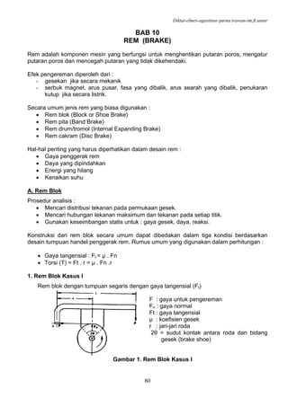 Diktat-elmes-agustinus purna irawan-tm.ft.untar
80
BAB 10
REM (BRAKE)
Rem adalah komponen mesin yang berfungsi untuk menghentikan putaran poros, mengatur
putaran poros dan mencegah putaran yang tidak dikehendaki.
Efek pengereman diperoleh dari :
- gesekan jika secara mekanik
- serbuk magnet, arus pusar, fasa yang dibalik, arus searah yang dibalik, penukaran
kutup jika secara listrik.
Secara umum jenis rem yang biasa digunakan :
• Rem blok (Block or Shoe Brake)
• Rem pita (Band Brake)
• Rem drum/tromol (Internal Expanding Brake)
• Rem cakram (Disc Brake)
Hal-hal penting yang harus diperhatikan dalam desain rem :
• Gaya penggerak rem
• Daya yang dipindahkan
• Energi yang hilang
• Kenaikan suhu
A. Rem Blok
Prosedur analisis :
• Mencari distribusi tekanan pada permukaan gesek.
• Mencari hubungan tekanan maksimum dan tekanan pada setiap titik.
• Gunakan keseimbangan statis untuk : gaya gesek, daya, reaksi.
Konstruksi dari rem blok secara umum dapat dibedakan dalam tiga kondisi berdasarkan
desain tumpuan handel penggerak rem. Rumus umum yang digunakan dalam perhitungan :
• Gaya tangensial : Ft = µ . Fn
• Torsi (T) = Ft . r = µ . Fn .r
1. Rem Blok Kasus I
Rem blok dengan tumpuan segaris dengan gaya tangensial (Ft)
F : gaya untuk pengereman
Fn : gaya normal
Ft : gaya tangensial
µ : koefisien gesek
r : jari-jari roda
2θ = sudut kontak antara roda dan bidang
gesek (brake shoe)
Gambar 1. Rem Blok Kasus I
 