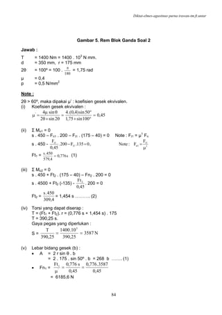 Diktat-elmes-agustinus purna irawan-tm.ft.untar
84
Gambar 5. Rem Blok Ganda Soal 2
Jawab :
T = 1400 Nm = 1400 . 103
N mm.
d = 350 mm, r = 175 mm
2θ = 100º = 100 .
180
π
= 1,75 rad
µ = 0,4
p = 0,5 N/mm2
Note :
2θ > 60º, maka dipakai µ’ : koefisien gesek ekvivalen.
(i) Koefisien gesek ekvivalen :
45,0
100sin75,1
50sin)4,0(.4
2sin2
sin4'
=
°+
°
=
θ+θ
θμ
=μ
(ii) Σ Mo1 = 0
s . 450 – Fn1 . 200 – Ft1 . (175 – 40) = 0 Note : Ft1 = µ1
Fn
s . 450 - 1
1t
1n1t
1t F
F:Note,0135.F200.
45,0
F
μ
==−
Ft1 = s776,0
4,579
450.s
= (1)
(iii) Σ Mo2 = 0
s . 450 + Ft2 . (175 – 40) – Fn2 . 200 = 0
s . 4500 + Ft2 (-135) -
45,0
Ft2
. 200 = 0
Ft2 =
4,309
450.s
= 1,454 s ………. (2)
(iv) Torsi yang dapat diserap :
T = (Ft1 + Ft2). r = (0,776 s + 1,454 s) . 175
T = 390,25 s.
Gaya pegas yang diperlukan :
S = N3587
25,390
10.1400
25,390
T 3
==
(v) Lebar bidang gesek (b) :
• A = 2 r sin θ . b
= 2 . 175 . sin 50º . b = 268 b ……. (1)
• Fn1 =
45,0
3587.776,0
45,0
s776,0Ft
'
1
==
μ
= 6185,6 N
 