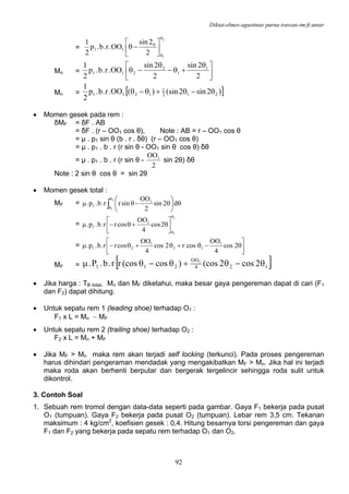 Diktat-elmes-agustinus purna irawan-tm.ft.untar
92
=
2
1
2
2sin
OO.r.b.p
2
1
11
θ
θ
θ
⎥
⎦
⎤
⎢
⎣
⎡
−θ
Mn = ⎥
⎦
⎤
⎢
⎣
⎡ θ
+θ−
θ
−θ
2
2sin
2
2sin
OO.r.b.p
2
1 1
1
2
211
Mn = [ ])2sin2(sin)(OO.r.b.p
2
1
212
1
1211 θ−θ+θ−θ
• Momen gesek pada rem :
δMF = δF . AB
= δF . (r – OO1 cos θ), Note : AB = r – OO1 cos θ
= µ . p1 sin θ (b . r . δθ) (r – OO1 cos θ)
= µ . p1 . b . r (r sin θ - OO1 sin θ cos θ) δθ
= µ . p1 . b . r (r sin θ -
2
OO1
sin 2θ) δθ
Note : 2 sin θ cos θ = sin 2θ
• Momen gesek total :
MF = ∫
θ
θ
θ⎟
⎠
⎞
⎜
⎝
⎛
θ−θμ
2
1
d2sin
2
OO
sinrr.b.p. 1
1
=
2
1
2cos
4
OO
cosrr.b.p. 1
1
θ
θ
⎥
⎦
⎤
⎢
⎣
⎡
θ+θ−μ
= ⎥
⎦
⎤
⎢
⎣
⎡
θ−θ+θ+θ−μ 2cos
4
OO
cosr2cos
4
OO
cosrr.b.p. 1
12
1
21
MF = [ ]124
OO
211 2cos2(cos)cos(cosrr.b.P. 1
θ−θ+θ−θμ
• Jika harga : TB total, Mn dan MF diketahui, maka besar gaya pengereman dapat di cari (F1
dan F2) dapat dihitung.
• Untuk sepatu rem 1 (leading shoe) terhadap O1 :
F1 x L = Mn − MF
• Untuk sepatu rem 2 (trailing shoe) terhadap O2 :
F2 x L = Mn + MF
• Jika MF > Mn maka rem akan terjadi self locking (terkunci). Pada proses pengereman
harus dihindari pengeraman mendadak yang mengakibatkan MF > Mn. Jika hal ini terjadi
maka roda akan berhenti berputar dan bergerak tergelincir sehingga roda sulit untuk
dikontrol.
3. Contoh Soal
1. Sebuah rem tromol dengan data-data seperti pada gambar. Gaya F1 bekerja pada pusat
O1 (tumpuan). Gaya F2 bekerja pada pusat O2 (tumpuan). Lebar rem 3,5 cm. Tekanan
maksimum : 4 kg/cm2
, koefisien gesek : 0,4. Hitung besarnya torsi pengereman dan gaya
F1 dan F2 yang bekerja pada sepatu rem terhadap O1 dan O2.
 