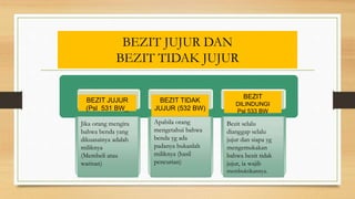 BEZIT JUJUR DAN
BEZIT TIDAK JUJUR
BEZIT JUJUR
(Psl 531 BW_
BEZIT TIDAK
JUJUR (532 BW)
BEZIT
DILINDUNGI
Psl 533 BW
Jika orang mengira
bahwa benda yang
dikuasainya adalah
miliknya
(Membeli atau
warisan)
Apabila orang
mengetahui bahwa
benda yg ada
padanya bukanlah
miliknya (hasil
pencurian)
Bezit selalu
dianggap selalu
jujur dan siapa yg
mengemukakan
bahwa bezit tidak
jujur, ia wajib
membuktikannya.
 