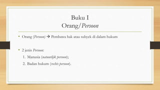 Buku I
Orang/Persoon
• Orang (Persoon)  Pembawa hak atau subyek di dalam hukum
• 2 jenis Persoon:
1. Manusia (natuurlijk persoon);
2. Badan hukum (rechts persoon).
 