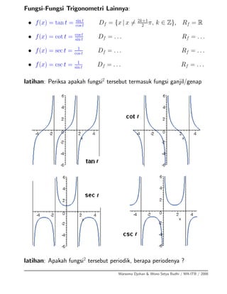 Fungsi-Fungsi Trigonometri Lainnya:
• f(x) = tan t = sin t
cos t
Df = {x | x = 2k+1
2
π, k ∈ Z}, Rf = R
• f(x) = cot t = cos t
sin t Df = . . . Rf = . . .
• f(x) = sec t = 1
cos t
Df = . . . Rf = . . .
• f(x) = csc t = 1
sin t Df = . . . Rf = . . .
latihan: Periksa apakah fungsi2
tersebut termasuk fungsi ganjil/genap
latihan: Apakah fungsi2
tersebut periodik, berapa periodenya ?
Warsoma Djohan & Wono Setya Budhi / MA-ITB / 2008
 
